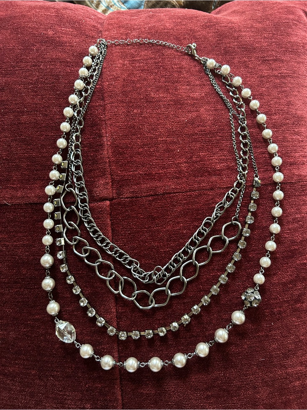 Multi Layered Pearl & Black Chain Statement Necklace Grey Pearls Rhinestones
